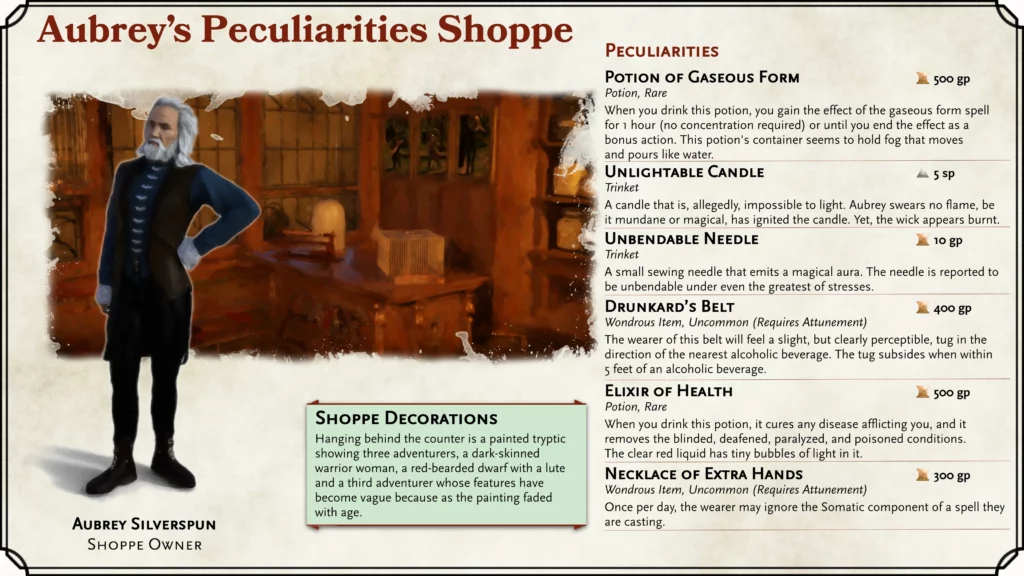 Aubrey's Peculiarities Shoppe Point of Interest Card for Divine Contention